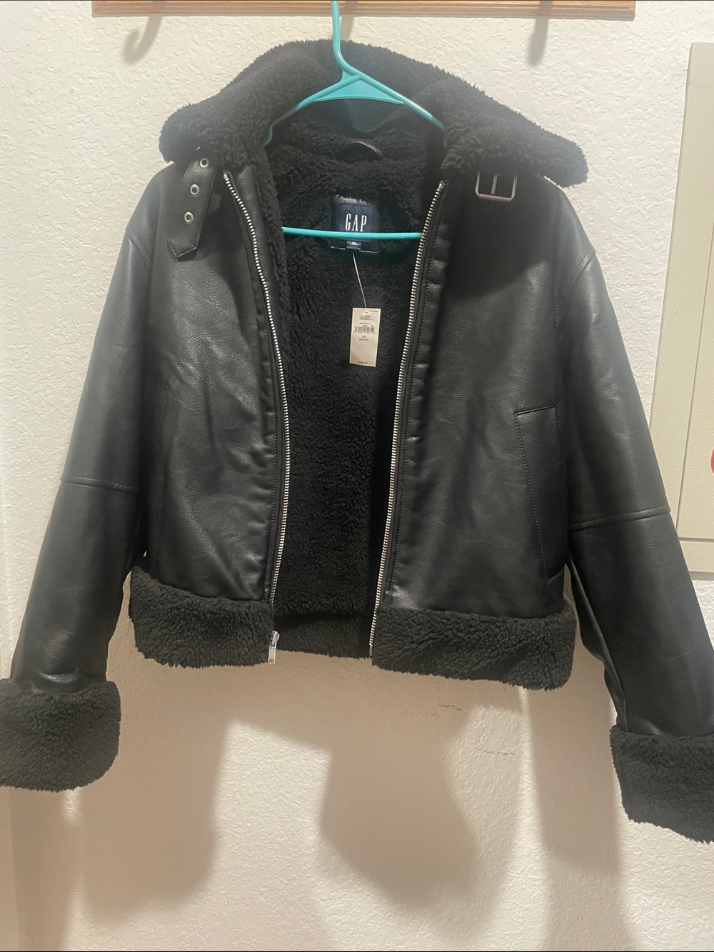 GAP Black Faux Leather Shearling-Trim Jacket